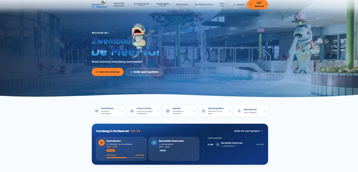 Screenshot van de vernieuwde homepage van Zwembad De Meerval